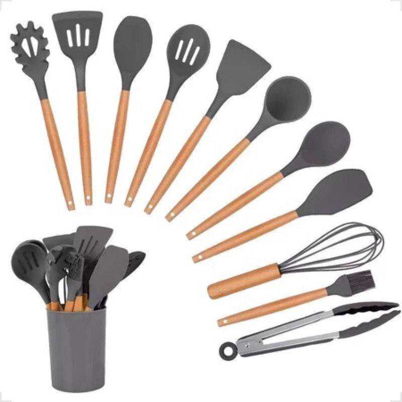 Kit Completo Jogo Utensílios de Cozinha Luxo 19 Peças Com Tábua em Silicone Espátula Faca Tesoura