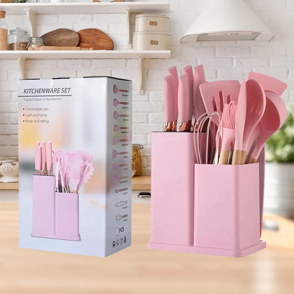 Kit Completo Jogo Utensílios de Cozinha Luxo 19 Peças Com Tábua em Silicone Espátula Faca Tesoura