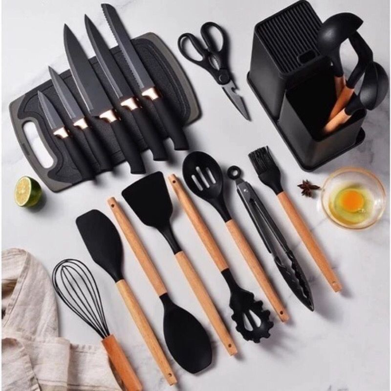 Kit Completo Jogo Utensílios de Cozinha Luxo 19 Peças Com Tábua em Silicone Espátula Faca Tesoura