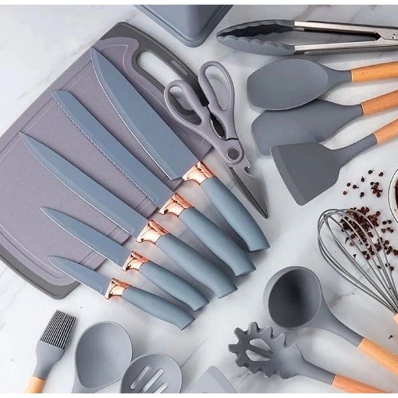 Kit Completo Jogo Utensílios de Cozinha Luxo 19 Peças Com Tábua em Silicone Espátula Faca Tesoura