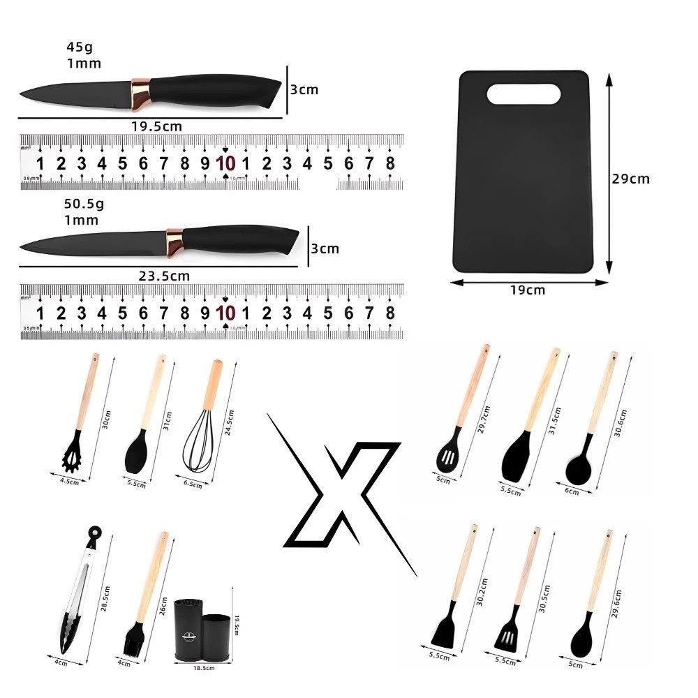 Kit Completo Jogo Utensílios de Cozinha Luxo 19 Peças Com Tábua em Silicone Espátula Faca Tesoura