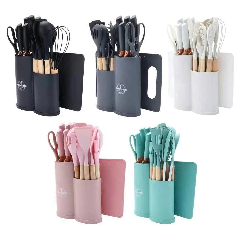 Kit Completo Jogo Utensílios de Cozinha Luxo 19 Peças Com Tábua em Silicone Espátula Faca Tesoura