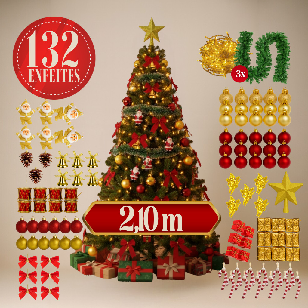 Kit Arvore de Natal Decorada 2,10m 132 Enfeites Grande Cheia 2 metros Enfeitada