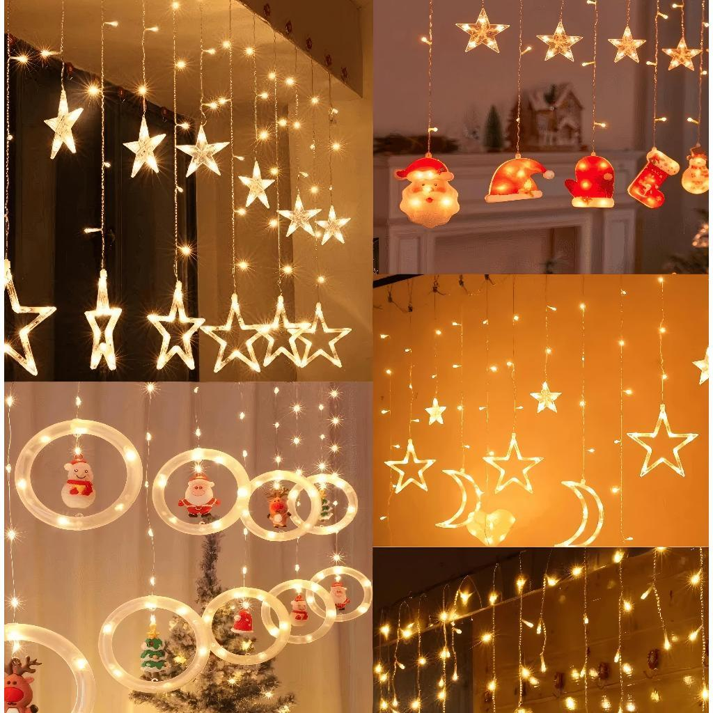 Decoração Luz Natal Cascata Led Com Pisca Pisca Cortina Estrela Lua Papai Noel Neve
