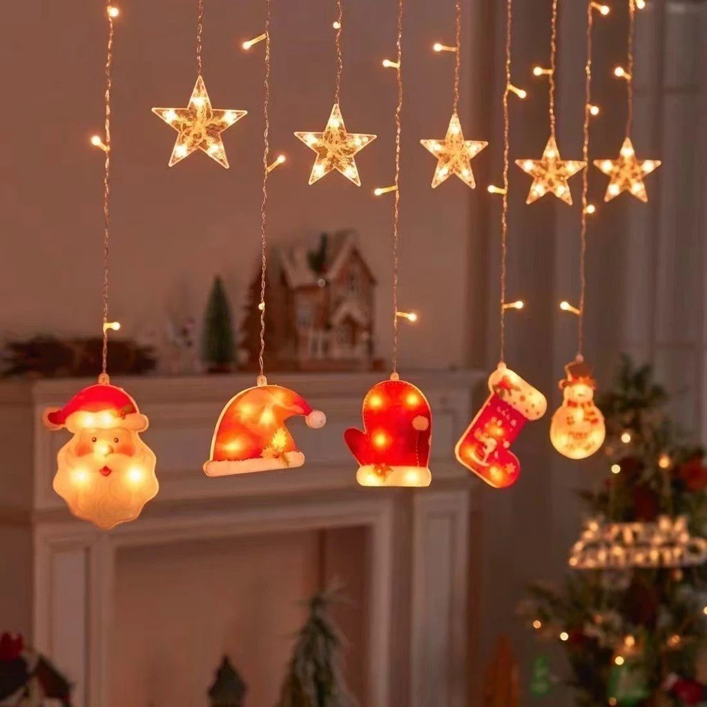 Decoração Luz Natal Cascata Led Com Pisca Pisca Cortina Estrela Lua Papai Noel Neve